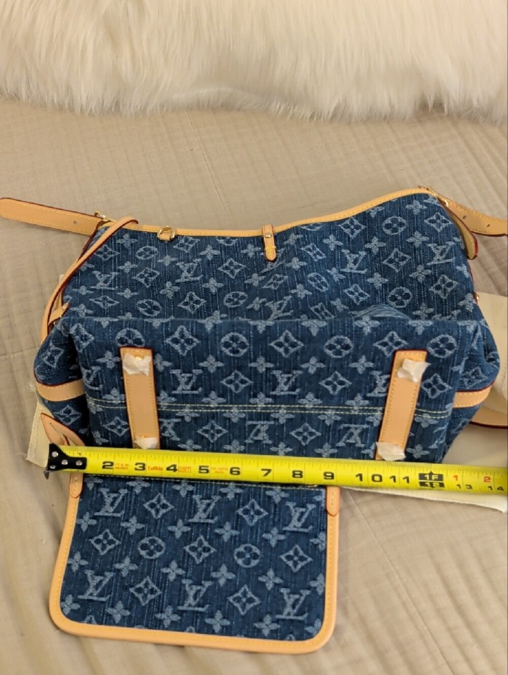 Fashion Denim Monogram Shoulder Bag in Blue with Tan Trim - Picture 3 of 3